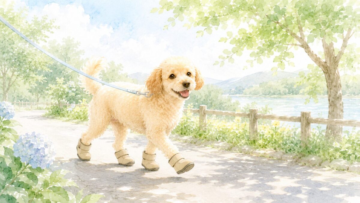 犬用の靴・ブーツを履いて散歩を楽しむ犬のイラスト