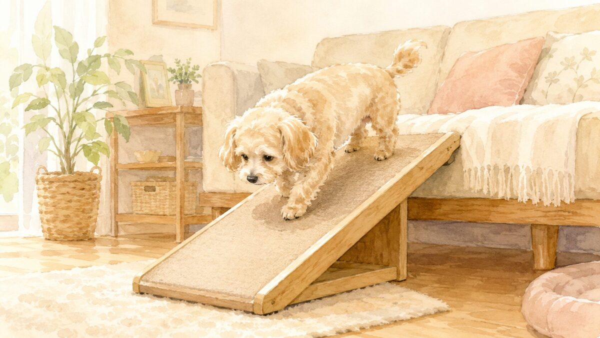ソファ横のスロープをやさしく下りるシニア犬のイラスト