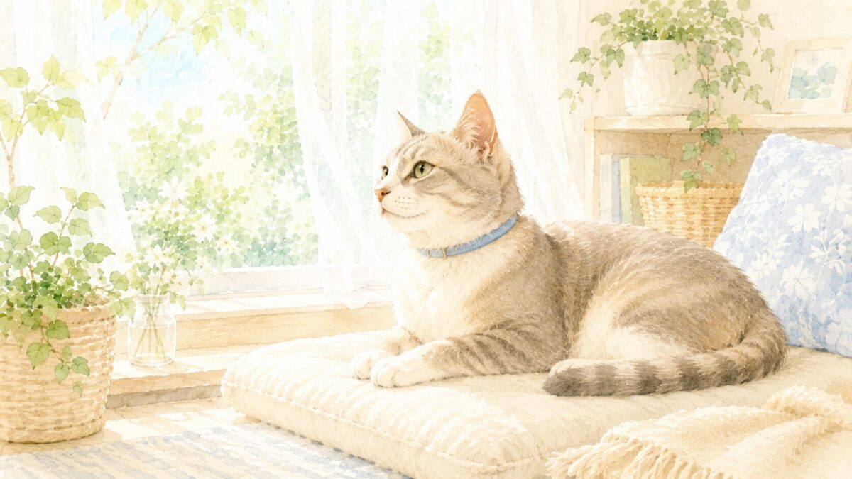 細い首輪をつけて窓辺でくつろぐ猫のイラスト