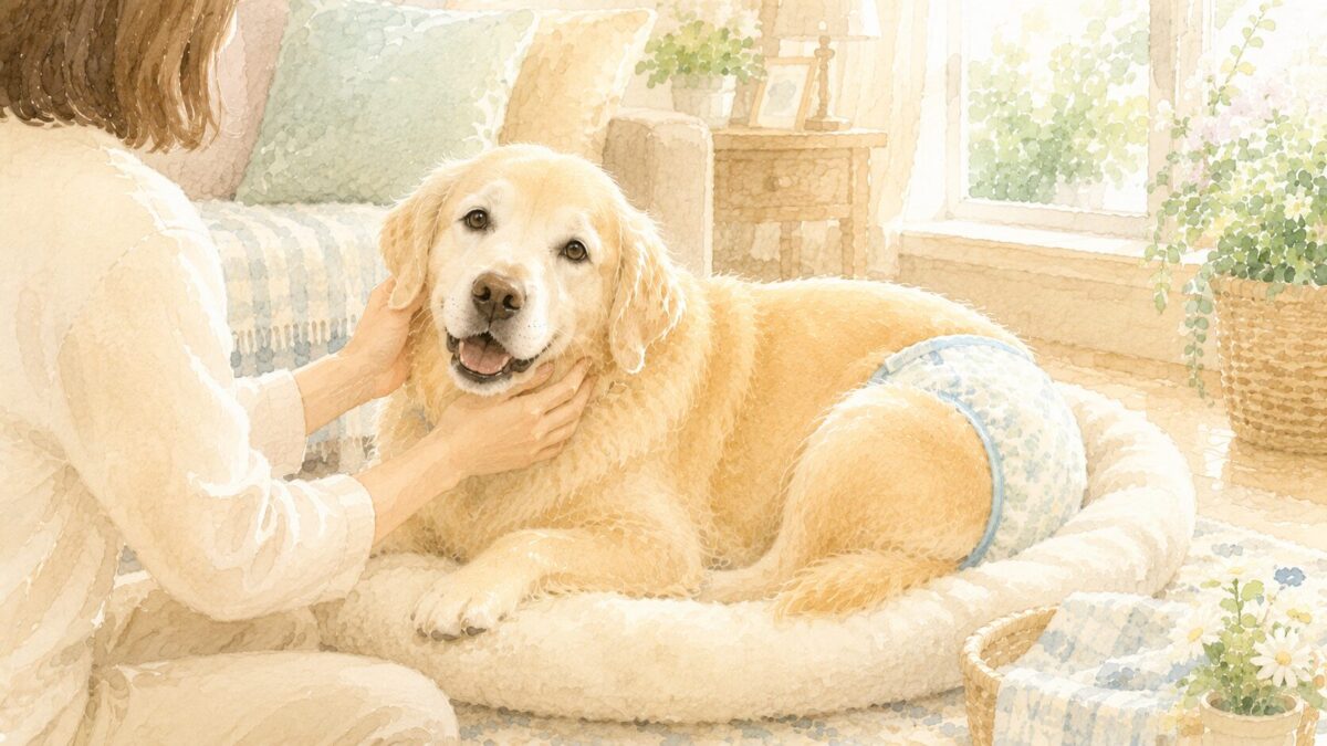 おむつをつけて飼い主にいたわられるシニア犬のイラスト