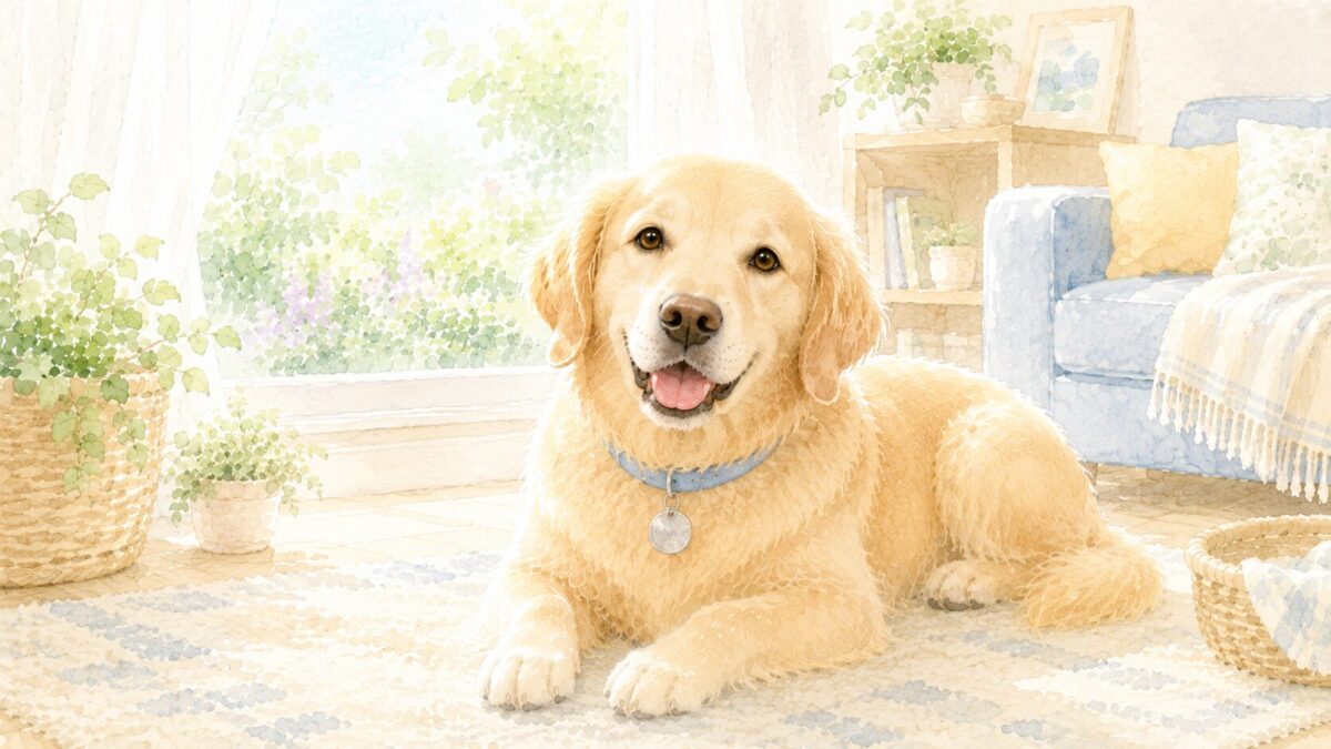 首輪に迷子札をつけて室内でくつろぐ犬のイラスト