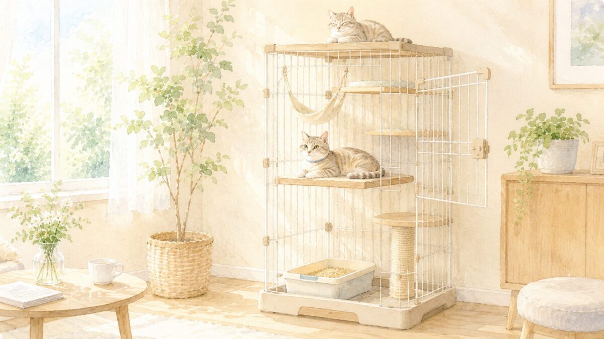 多段の猫用ケージでくつろぐ猫のイラスト