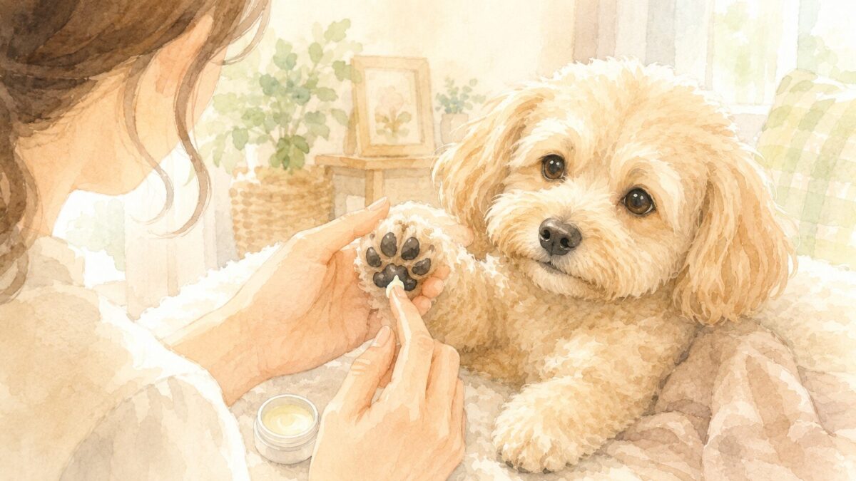 犬の肉球に保湿クリームをやさしく塗る肉球ケアのイラスト
