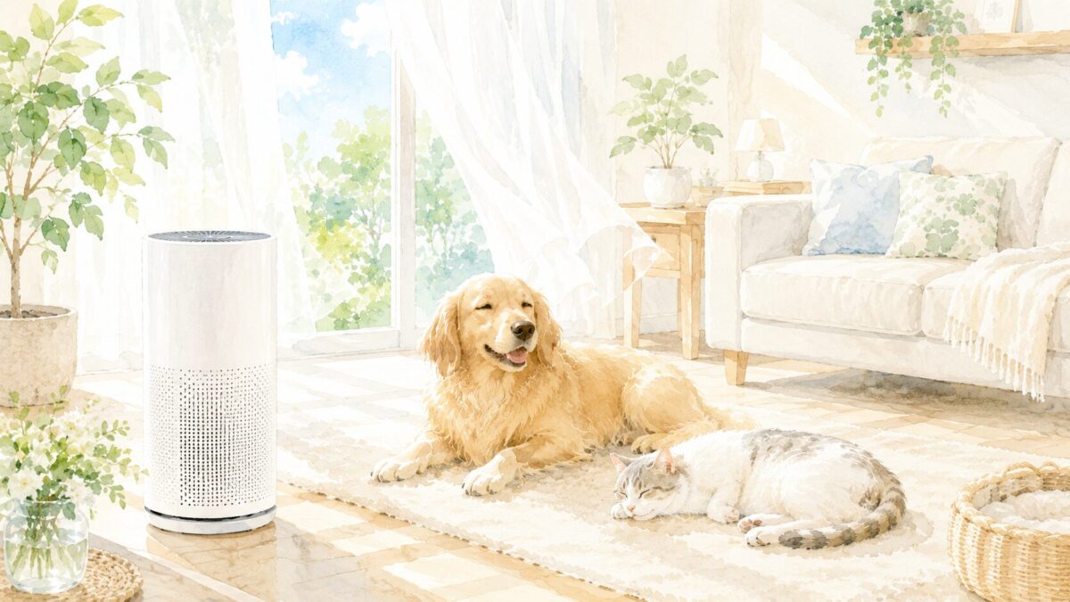 空気清浄機のあるリビングでくつろぐ犬と猫のイラスト