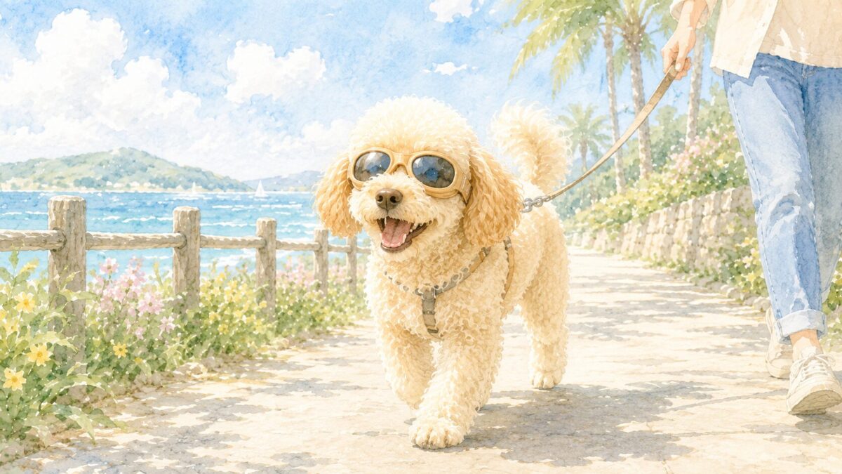 犬用サングラス・ゴーグルをつけて海辺を散歩する犬のイラスト