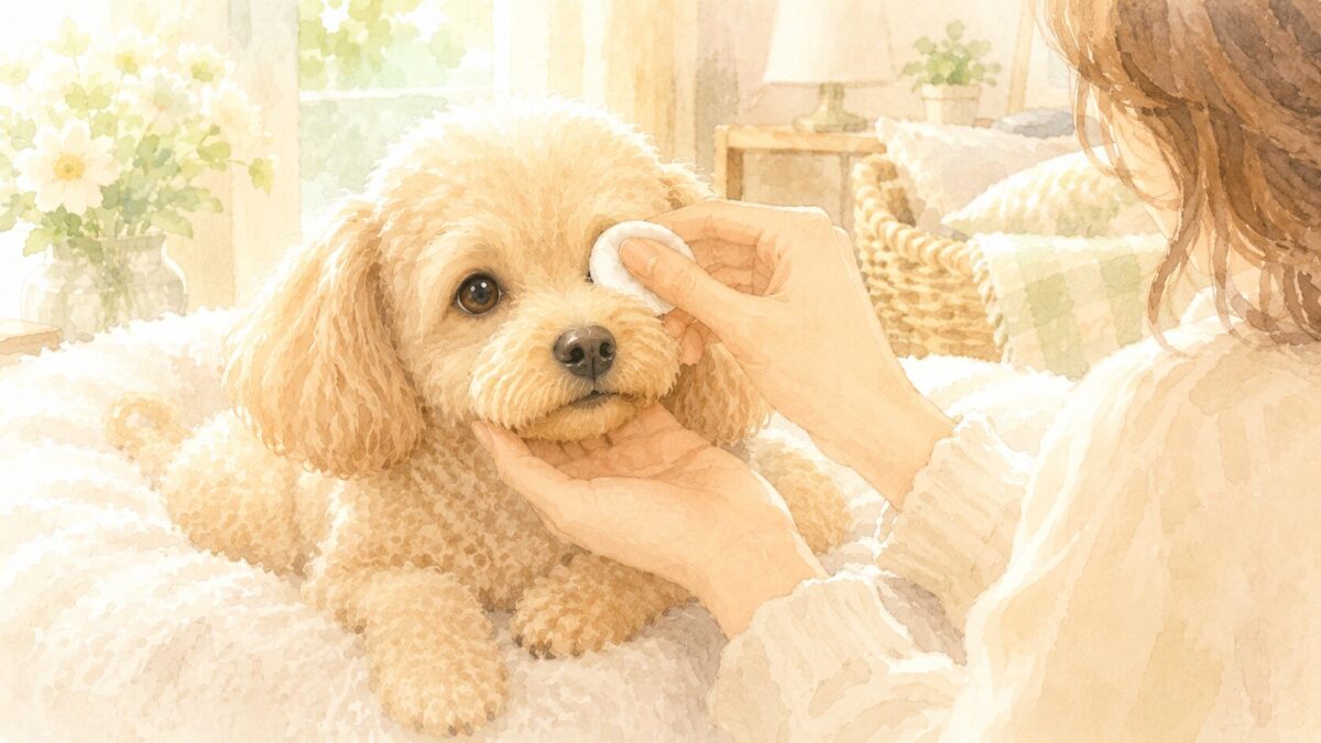 犬の目のまわりをコットンでやさしく拭く目やにケアのイラスト