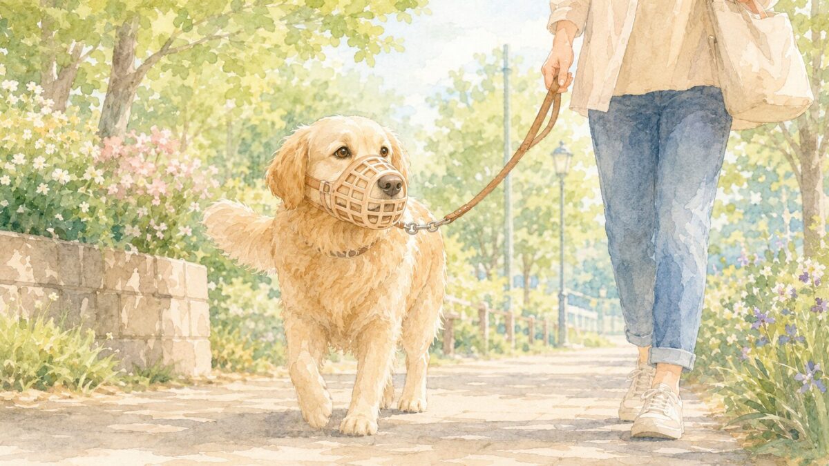 バスケット型マズルをつけて飼い主と散歩する犬のイラスト