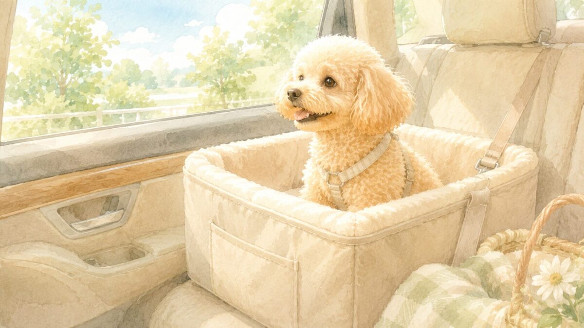 車のドライブボックスに座って窓の外を眺める犬のイラスト