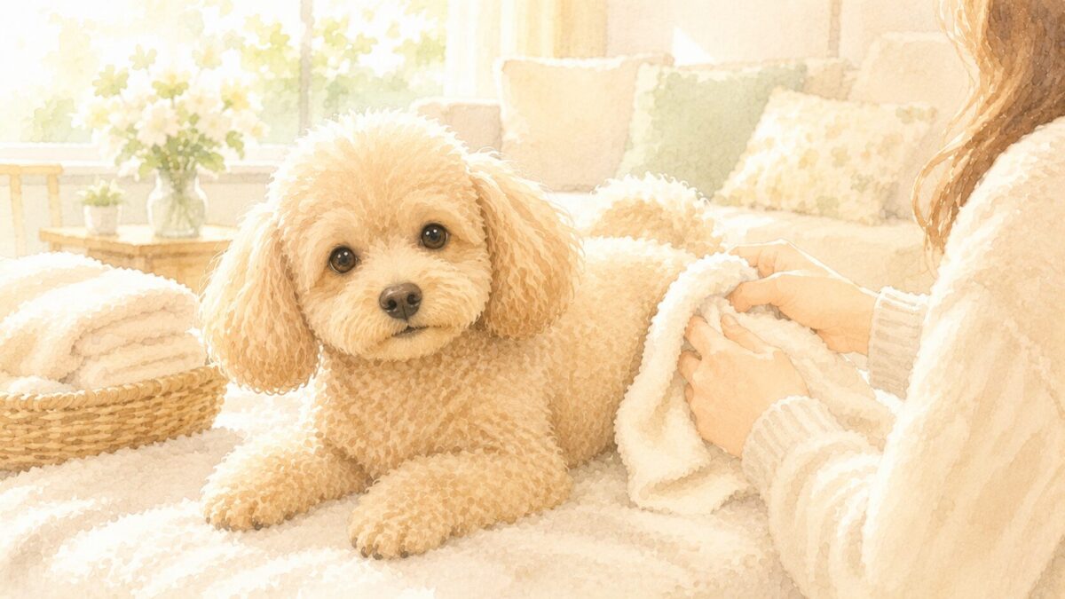 室内で犬をタオルでやさしくお手入れするイラスト