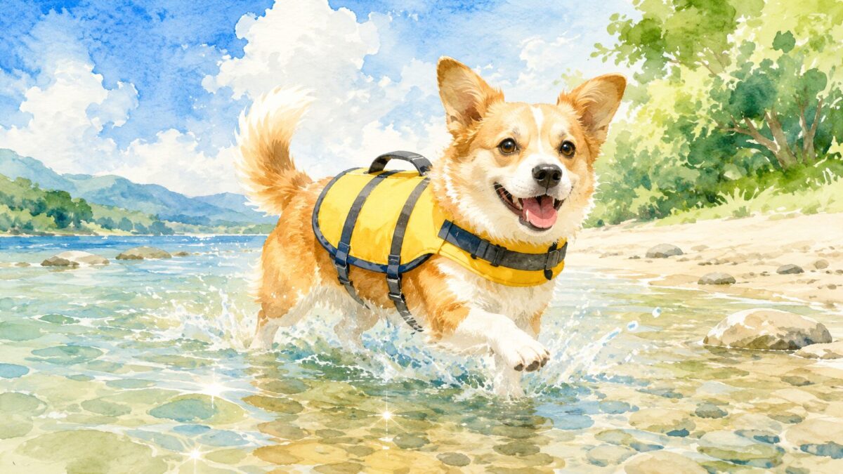 ライフジャケットを着けて浅瀬で水遊びする犬のイラスト