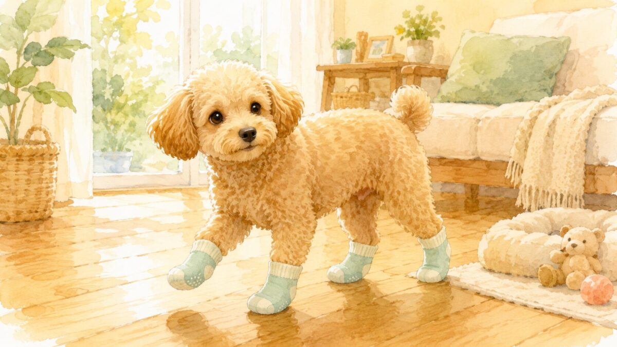 滑り止め靴下をはいてフローリングを歩く犬のイラスト