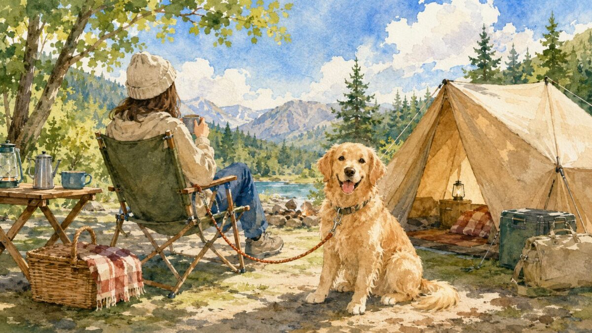 キャンプ場でテントのそばにいる犬と飼い主のイラスト