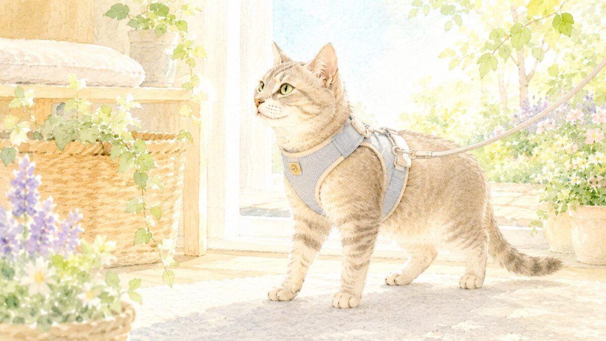 ベスト型ハーネスを着けてお散歩する猫のイラスト