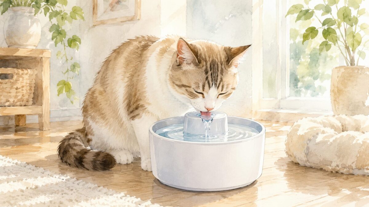 循環式の給水器から水を飲む猫のイラスト