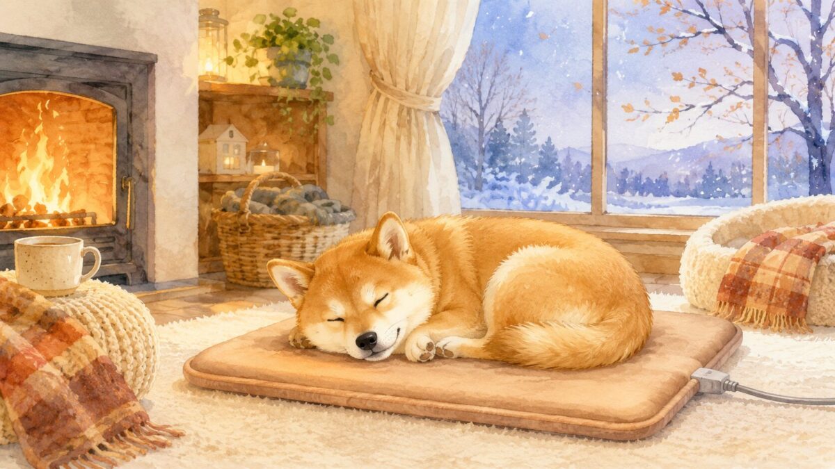 ヒーターマットの上であたたまってくつろぐ犬のイラスト
