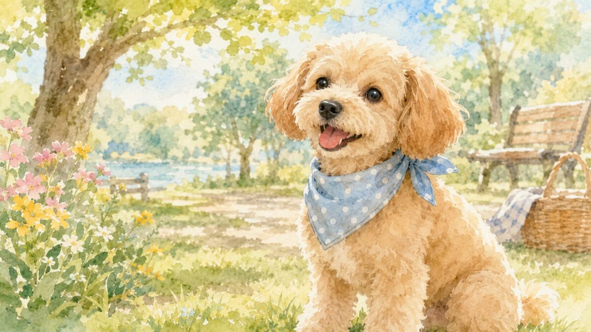 青いドット柄のバンダナをつけて公園にいるトイプードルのイラスト
