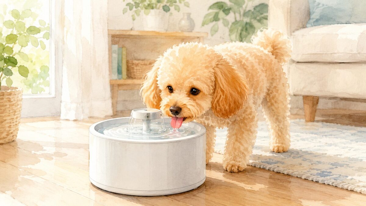 循環式の給水器から水を飲むトイプードルのイラスト