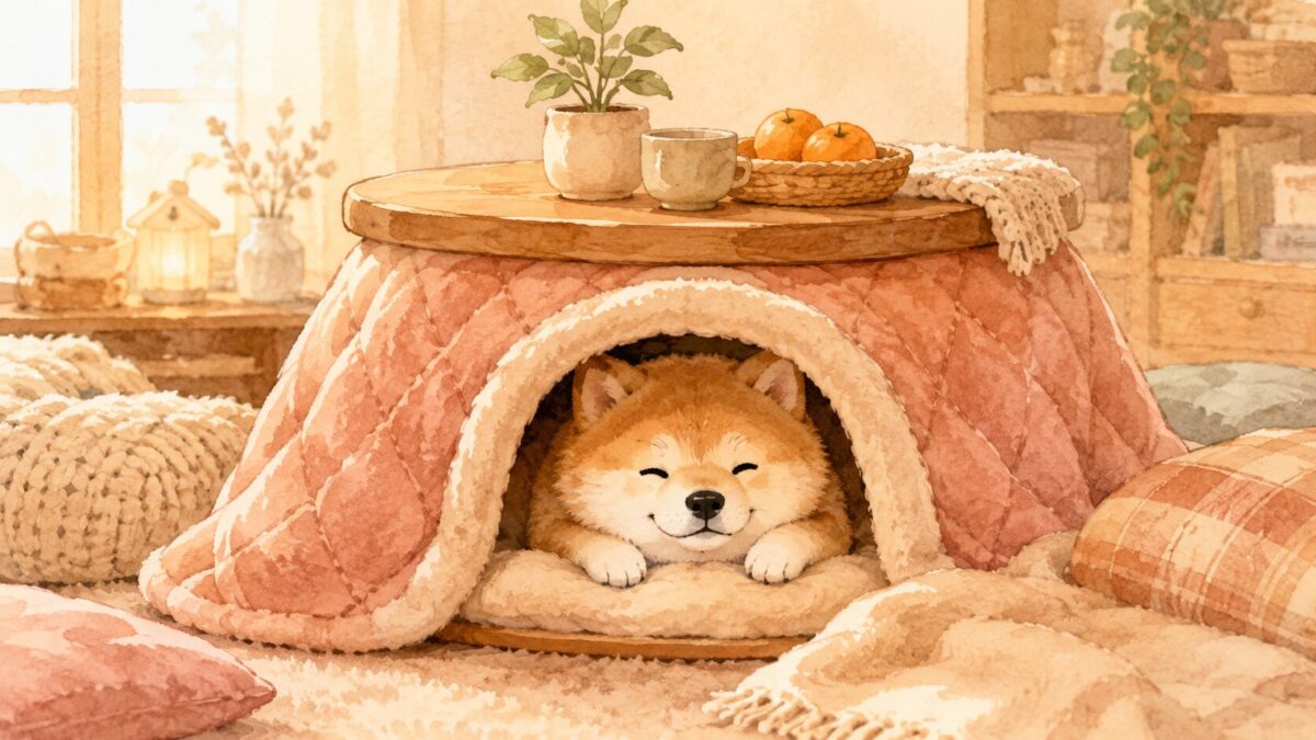 ペット用こたつにもぐってあたたまる柴犬のイラスト