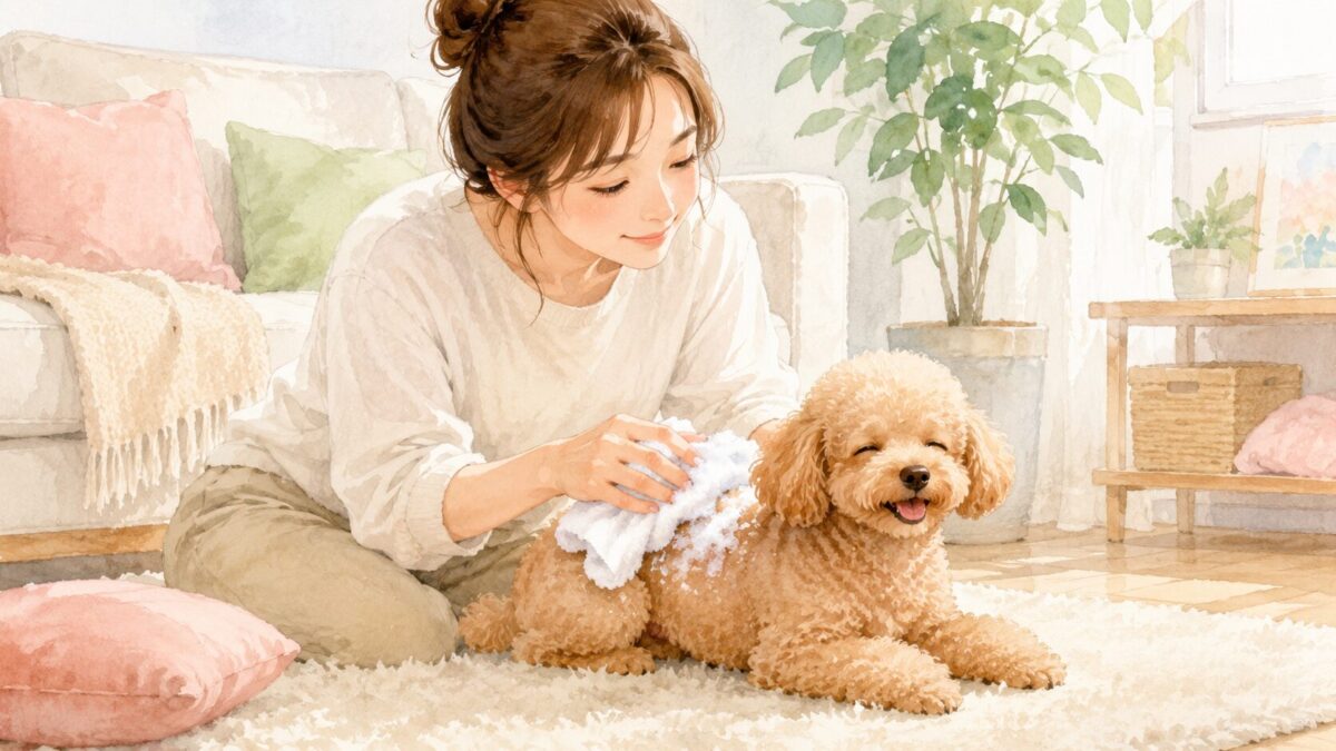 ドライシャンプーでタオルと泡をつかってお手入れされる犬のイラスト