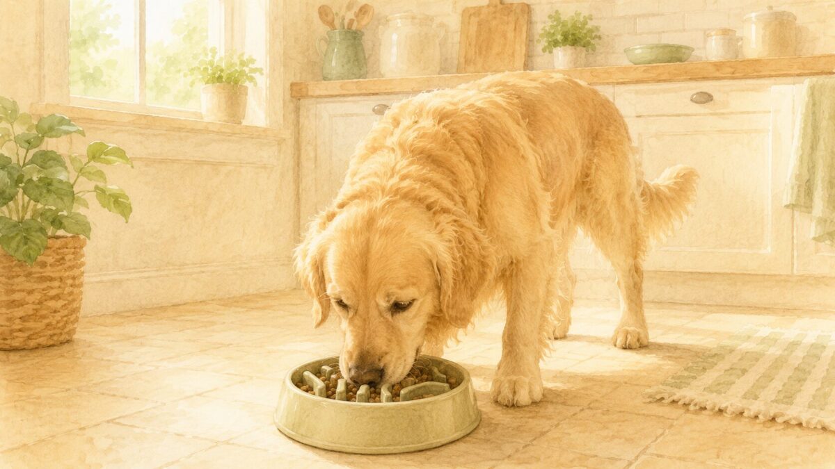 早食い防止食器（スローフィーダー）からごはんを食べる犬のイラスト
