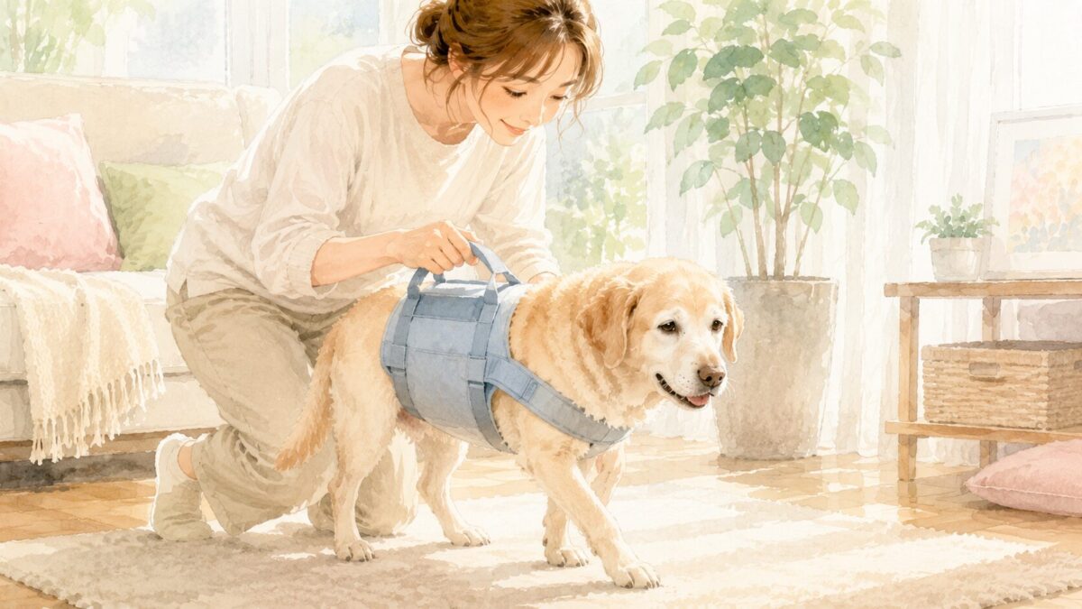 介護・歩行補助ハーネスを飼い主に支えられて歩くシニア犬のイラスト