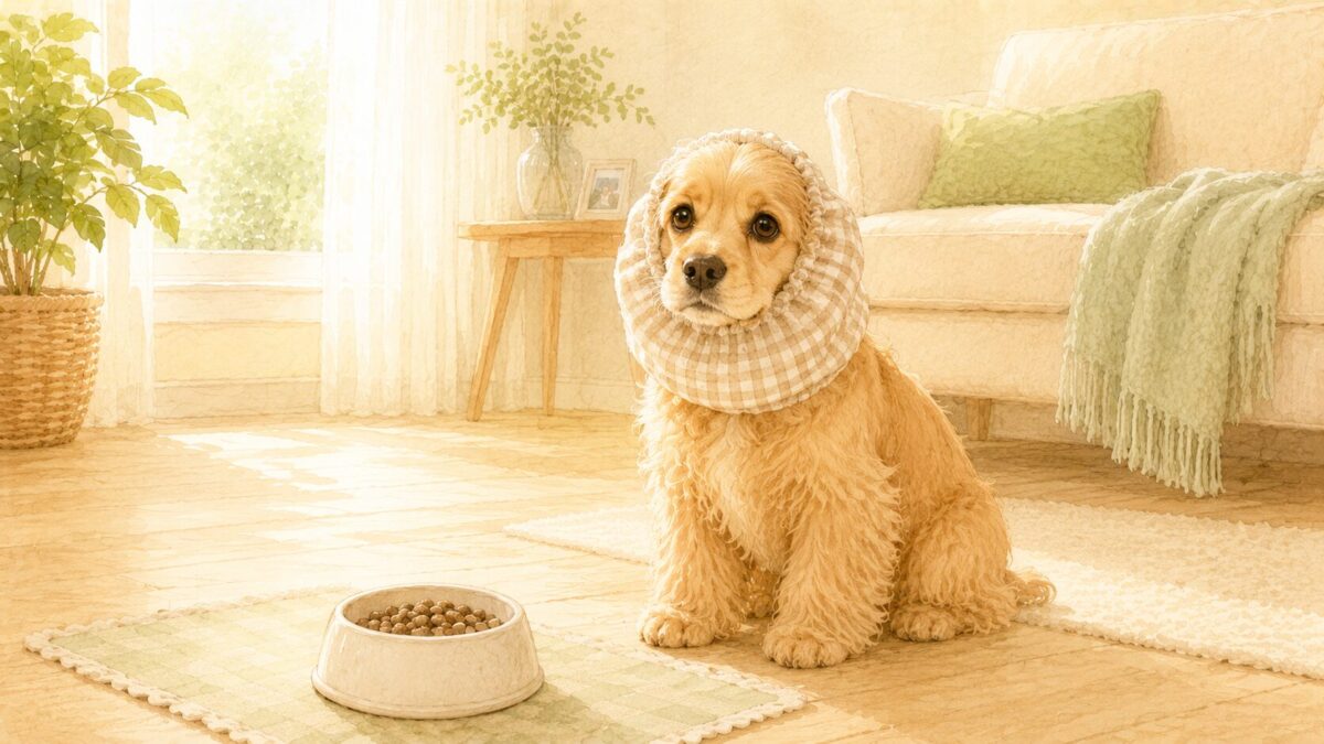 スヌードをつけてごはんのお皿の前に座る垂れ耳の犬のイラスト