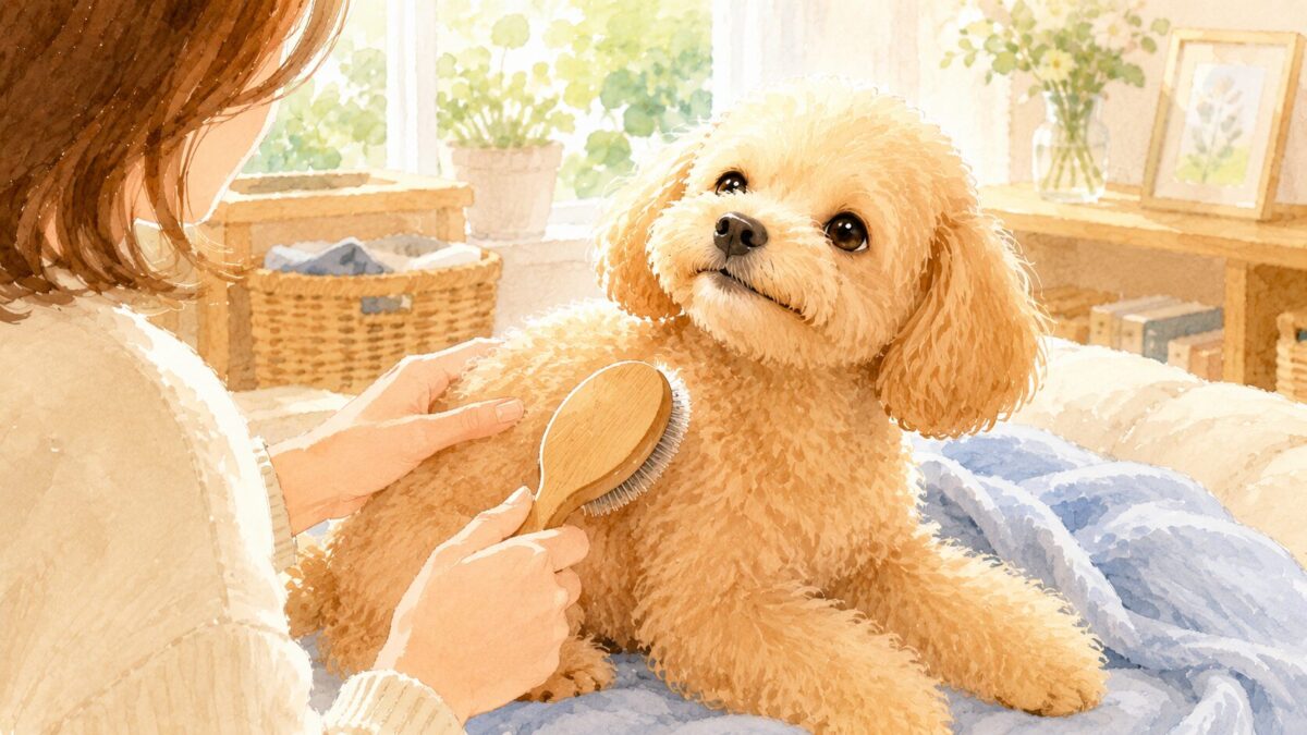 犬をブラシでブラッシングして被毛をお手入れするイラスト