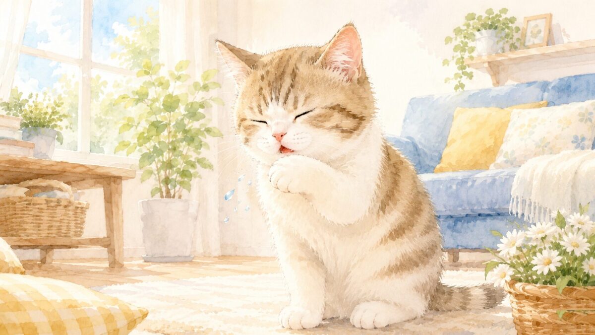 室内でくしゃみをするかわいい猫のイラスト