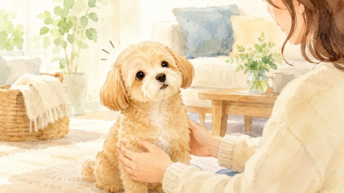 しゃっくりをする犬を飼い主がやさしく見守るイラスト