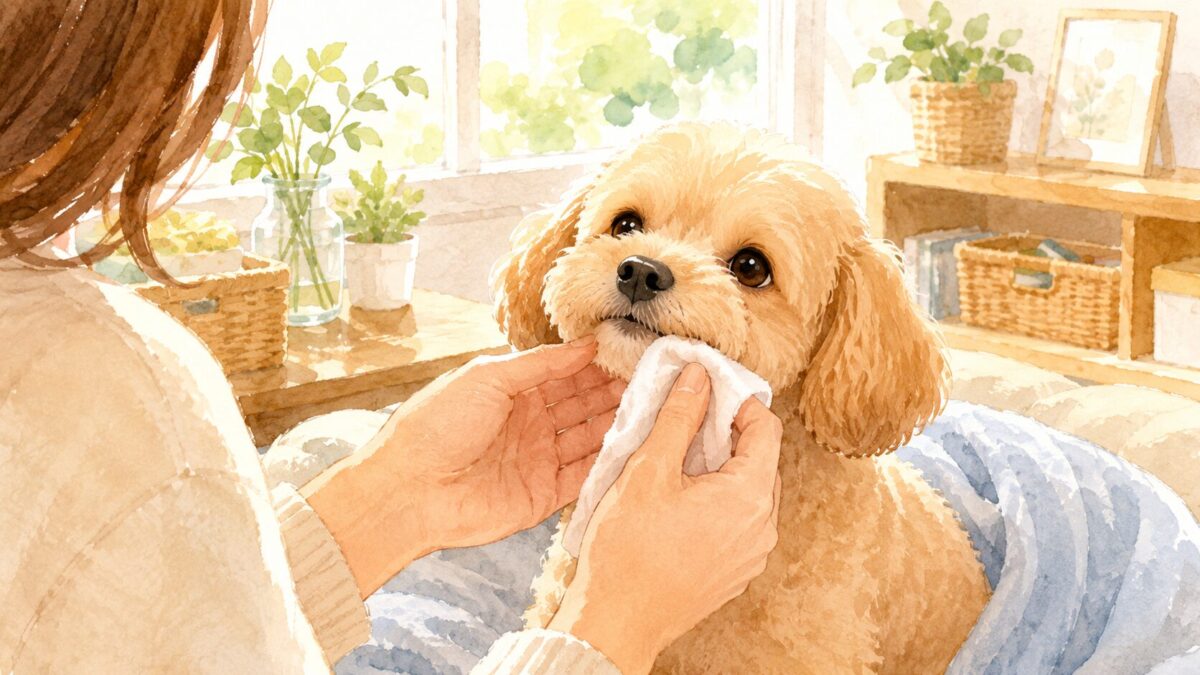 犬の口まわりをガーゼでやさしく拭く飼い主のイラスト