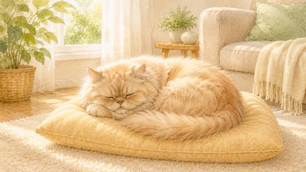 日だまりのクッションで丸くなって眠るペルシャ系の猫のイラスト