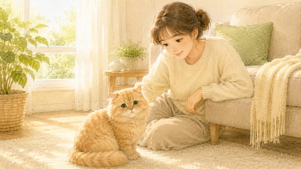 少し心配そうな猫を飼い主がやさしく見守るリビングのイラスト