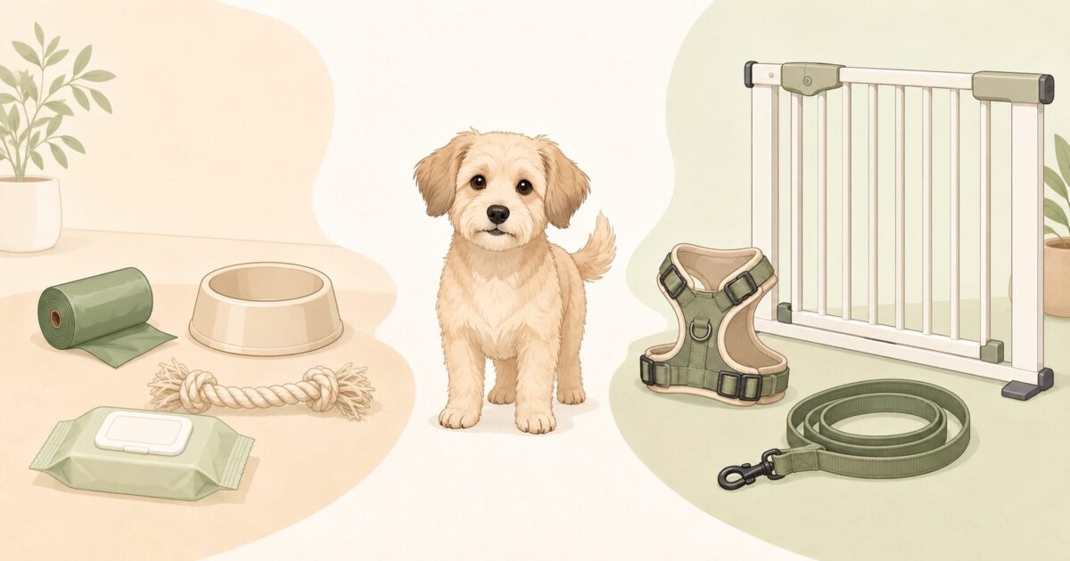 100円ショップで買える犬用の小物と、専用品のハーネス・リード・ペットゲートを並べたイラスト