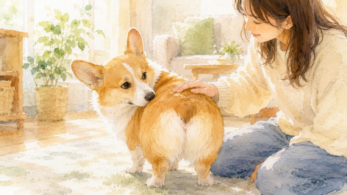 しっぽの短いコーギーが振り返り飼い主が撫でている水彩イラスト