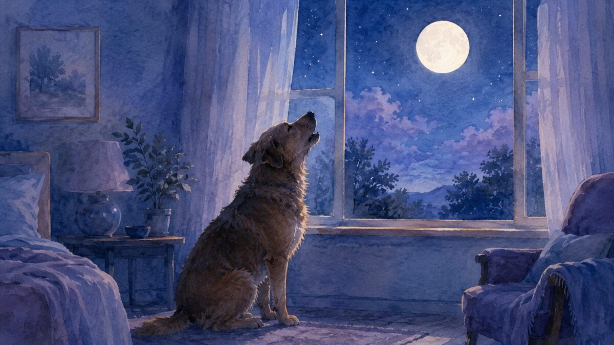 月夜の窓辺で遠吠えする犬の水彩イラスト