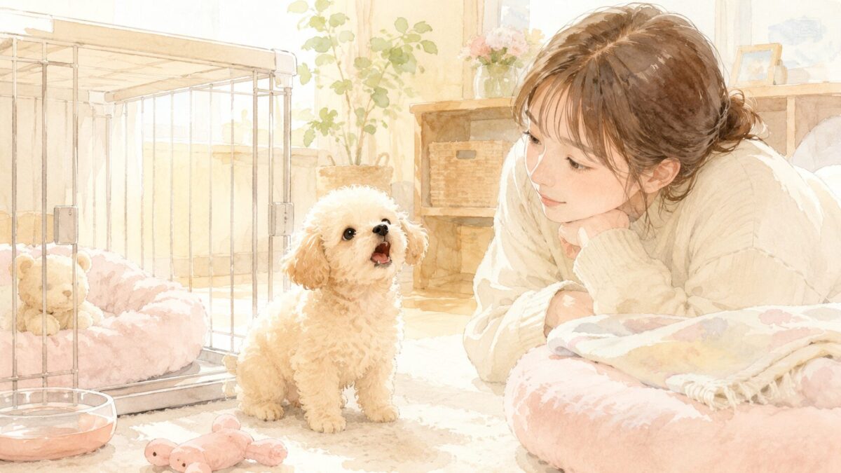 ケージのそばで鳴く子犬を飼い主が見守る水彩イラスト