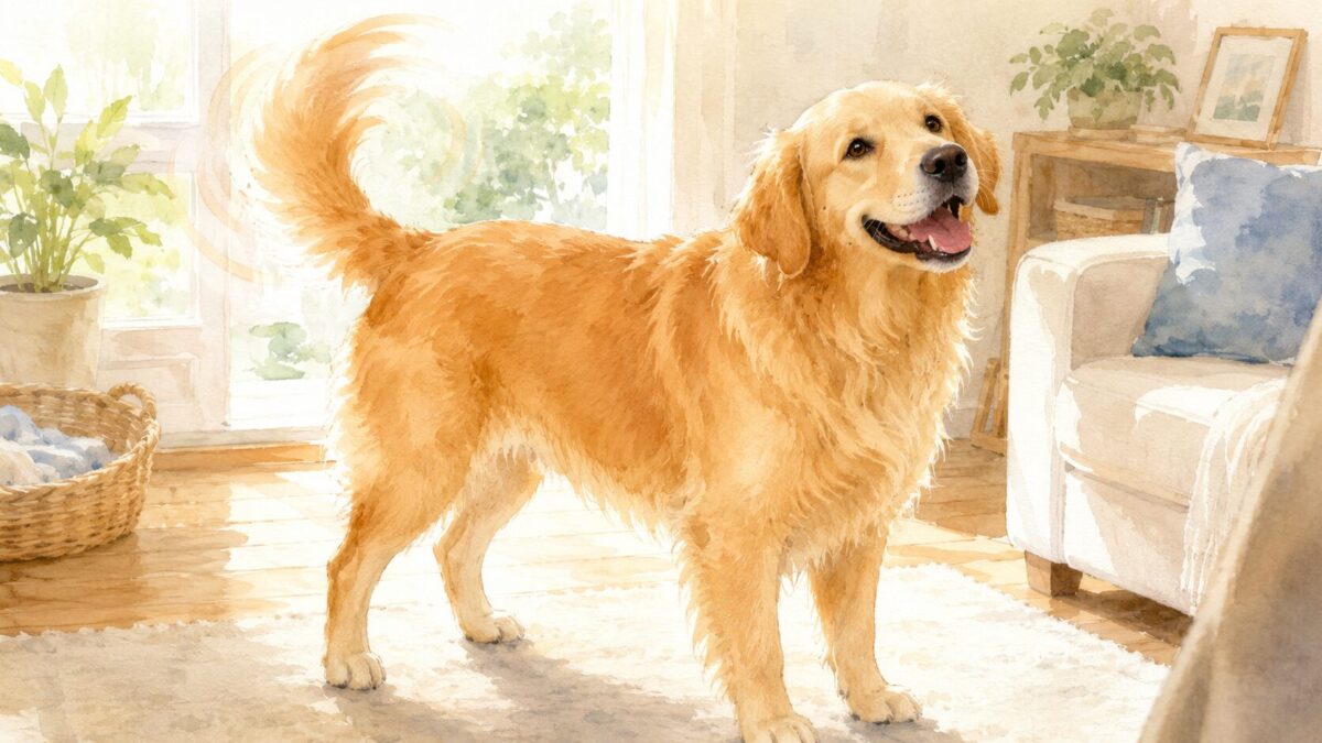 しっぽを上げてうれしそうにする犬の水彩イラスト