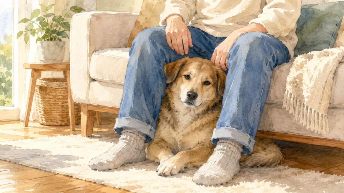 飼い主の足の間に入ってくつろぐ犬