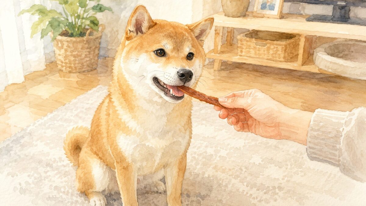 飼い主の手からジャーキーをもらう柴犬の水彩イラスト