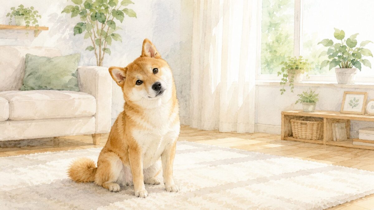明るいリビングで首をかしげてこちらを見る柴犬の水彩イラスト