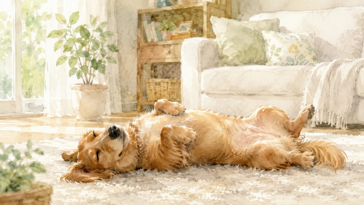 ラグの上で仰向けになりお腹を見せてくつろぐ茶色の犬の水彩イラスト
