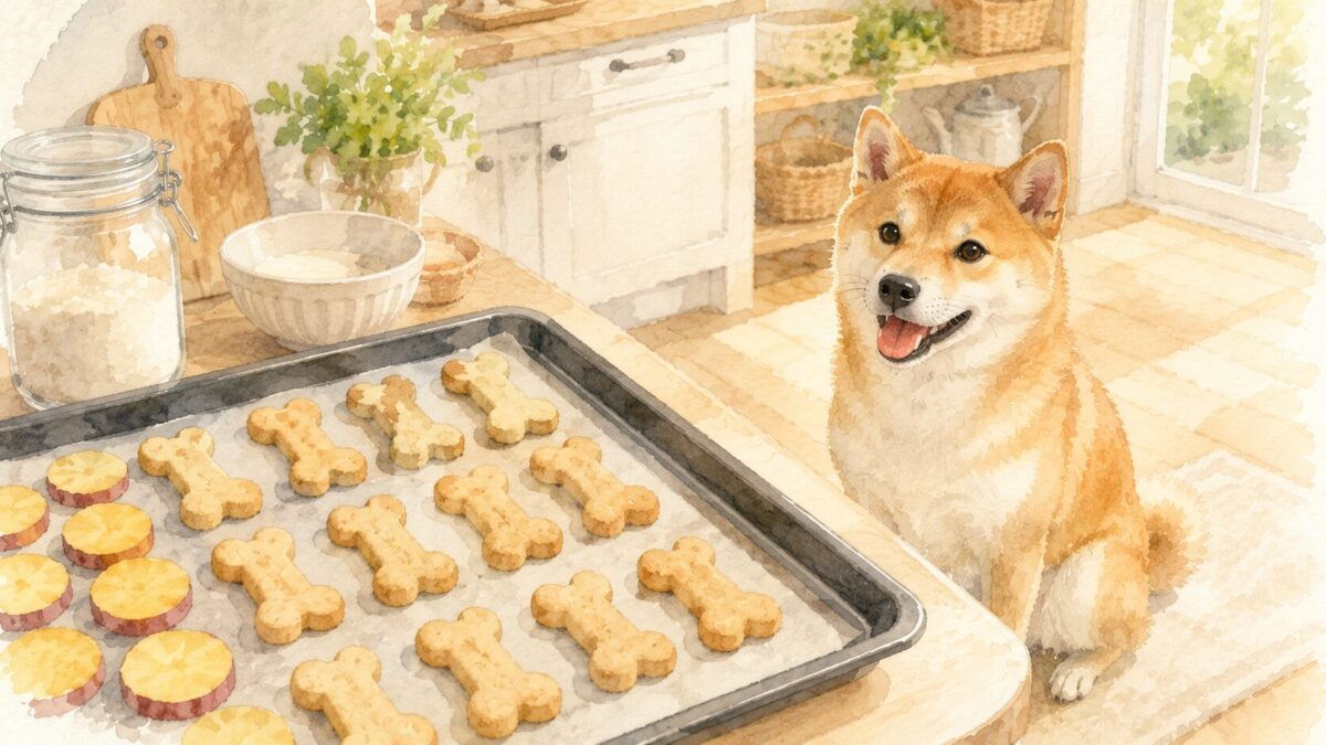 骨型の手作りクッキーが並ぶ天板の横でおすわりして待つ柴犬の水彩イラスト