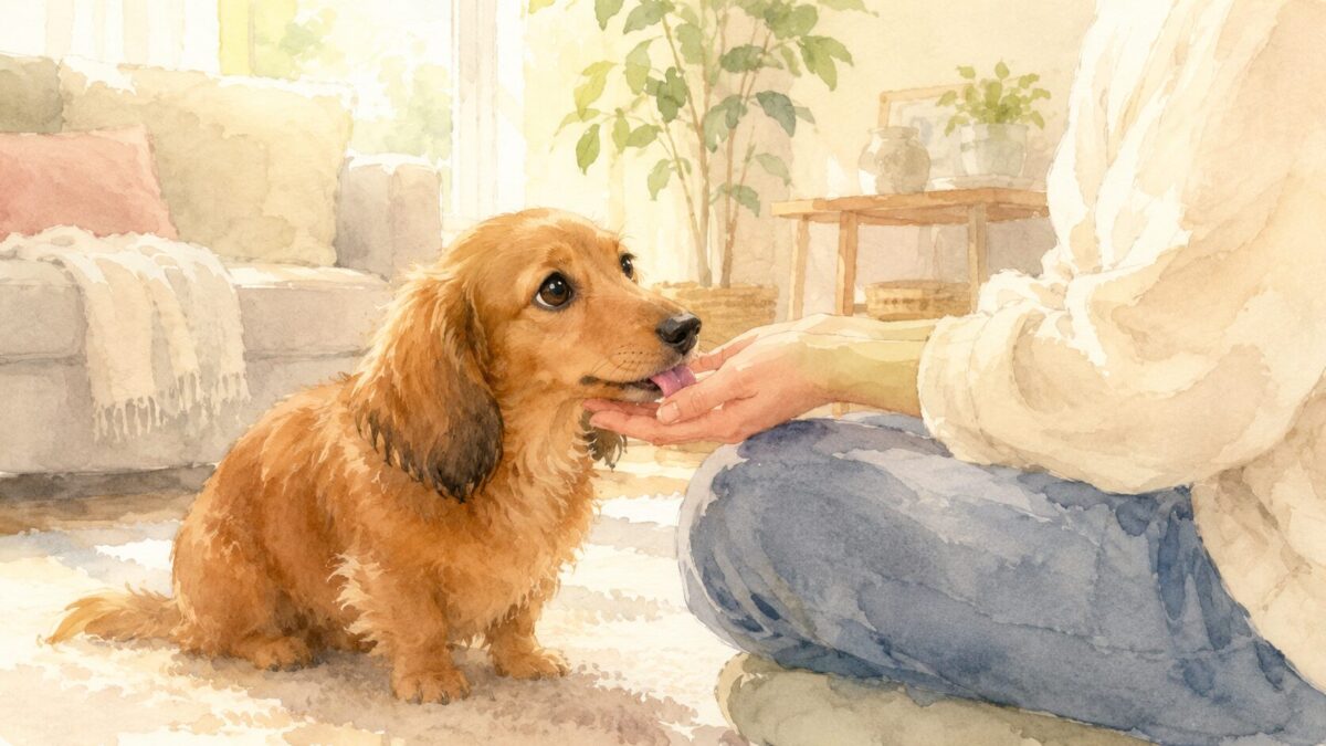 座っている飼い主の手を優しくなめる茶色のダックスフンドの水彩イラスト