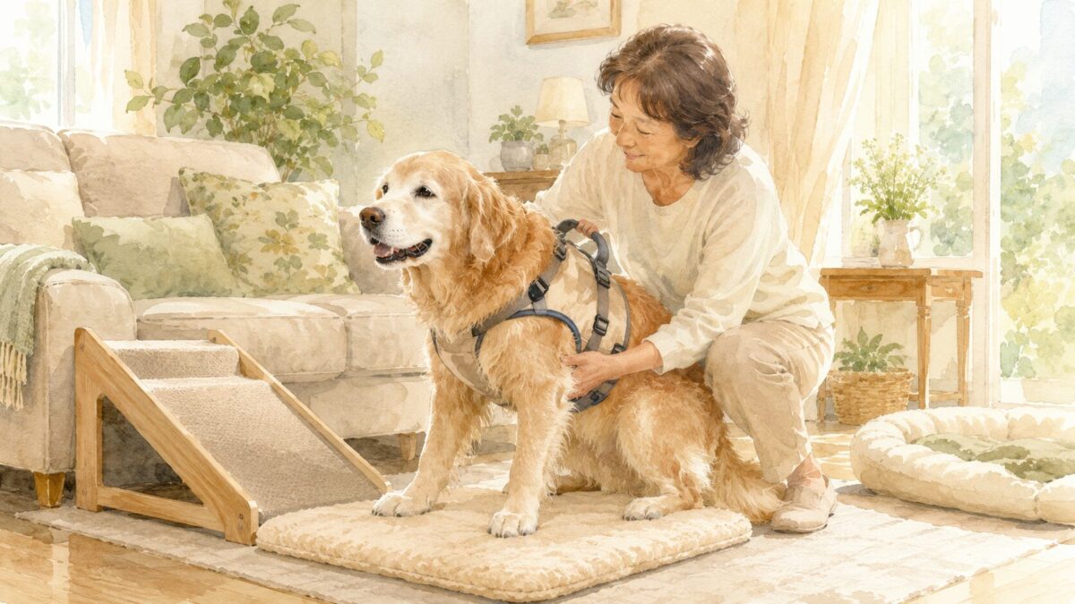 介護用ハーネスをつけたシニアのゴールデンレトリバーと支える飼い主のイラスト