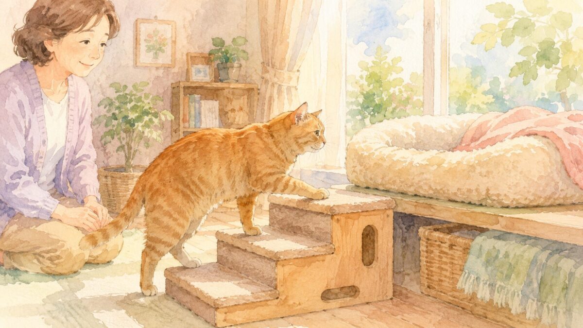 低い階段ステップを上るシニア猫と見守る飼い主のイラスト