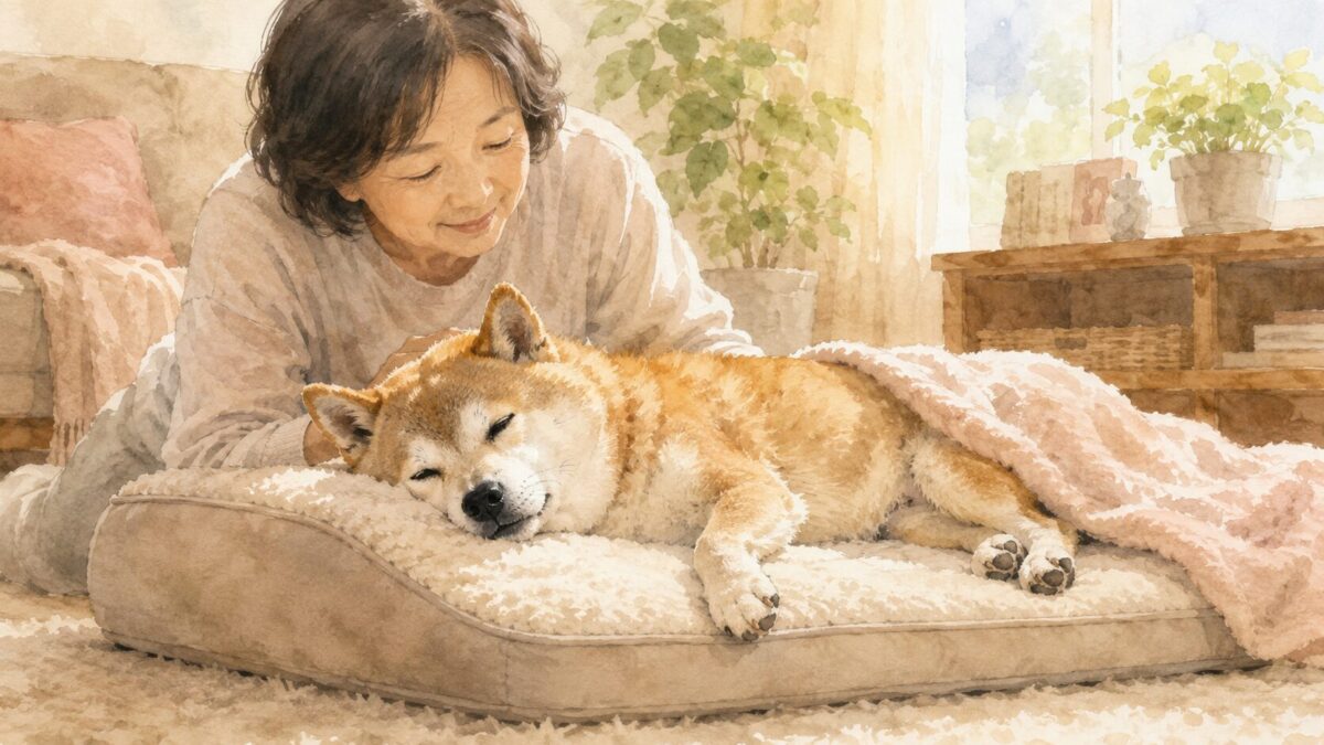体圧分散マットで休むシニアの柴犬と寄り添う飼い主のイラスト