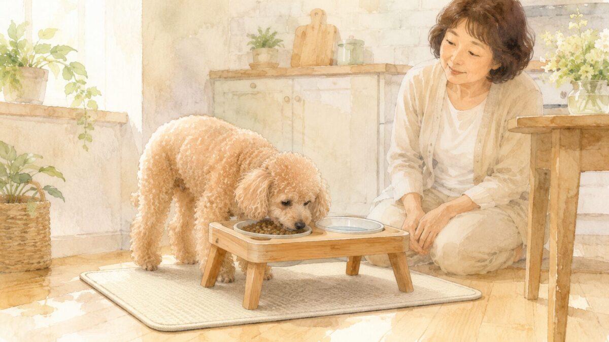 食器スタンドでごはんを食べるシニアのトイプードルと見守る飼い主のイラスト