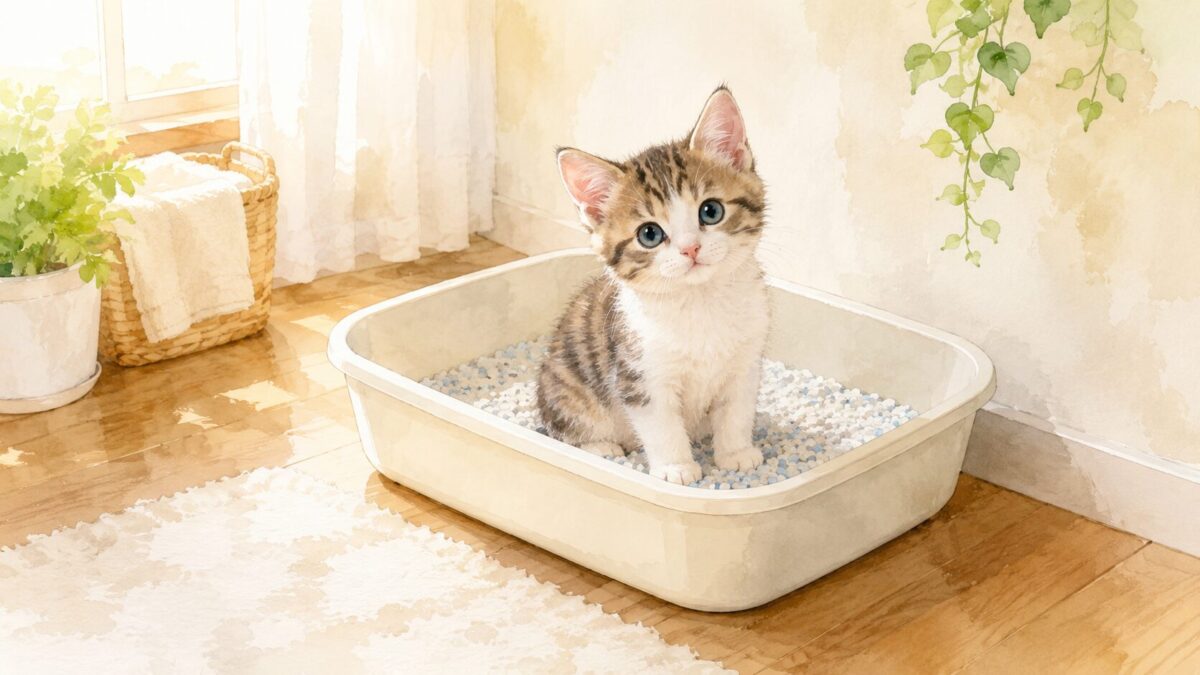猫用トイレにちょこんと入る子猫の水彩イラスト