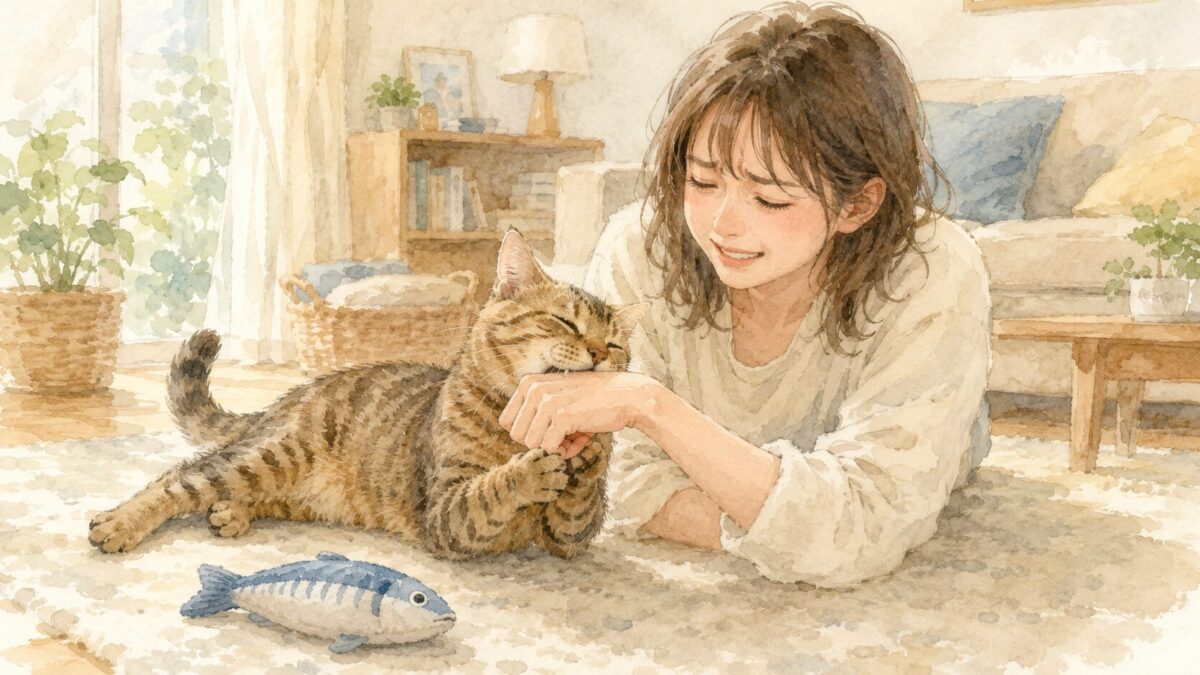 飼い主の手をやさしく甘噛みする茶トラの猫とけりぐるみのイラスト