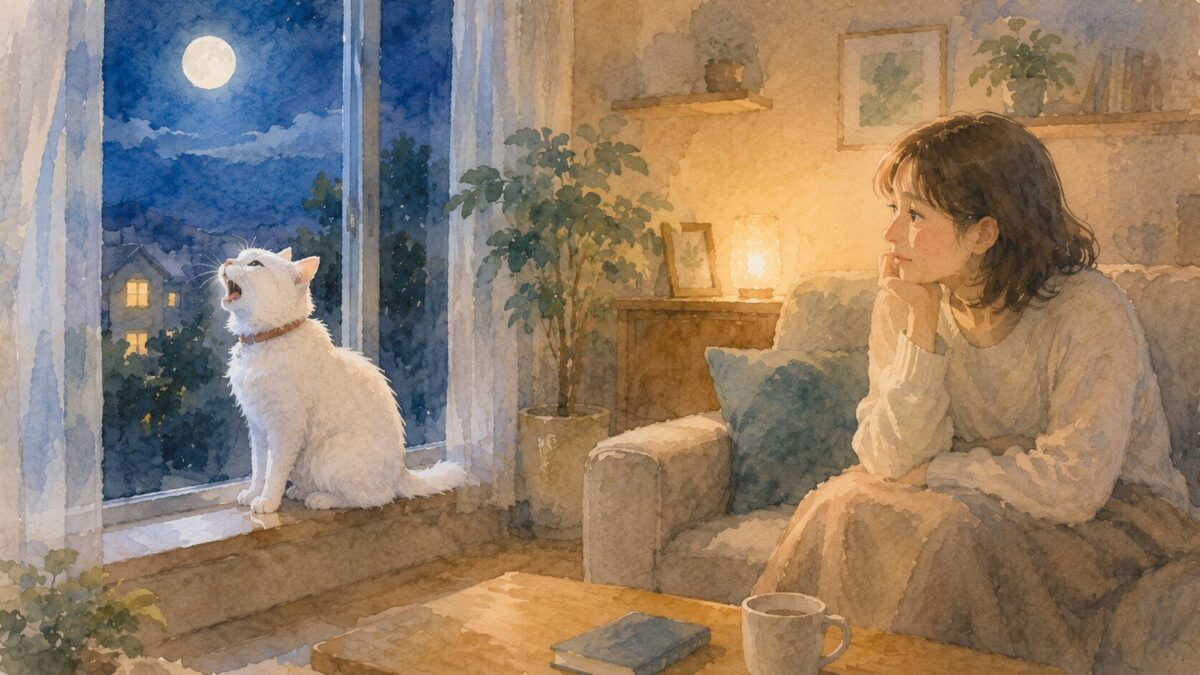 夜のリビングで窓辺から外を見て鳴く白い猫と見守る飼い主のイラスト